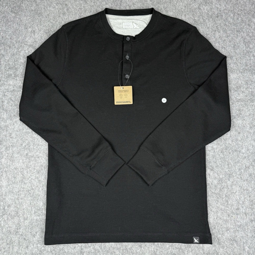Eddie Bauer NWT Thermal Henley Shirt Mens S Black Knit Long Sleeve Pullover